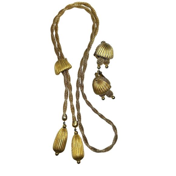 Hobe Gold Brushed Metal and Mesh Necklace Earrings Demi Parure RARE 1950-1960s - Picture 1 of 10